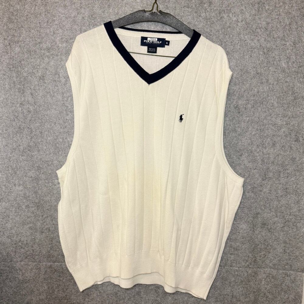 Vintage Polo Golf Ralph Lauren Sweater Vest XL Cream Navy USA 90's Made Cotton